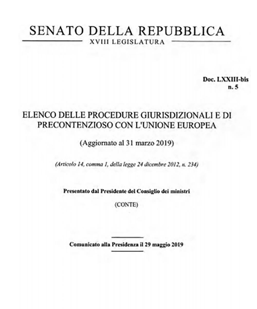 Copertina del documento del Senato della Repubblica, XVIII Legislatura, “Elenco delle procedure giurisdizionali e di precontenzioso con l’Unione europea”, aggiornato al 31 marzo 2019, presentato dal Presidente del Consiglio dei ministri Conte e comunicato alla Presidenza il 29 maggio 2019.